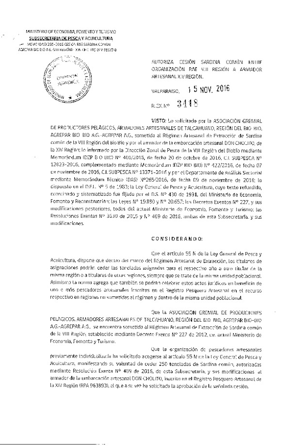 Res. Ex. N° 3418-2016 Autoriza Cesión sardina común, VIII a XIV Región.