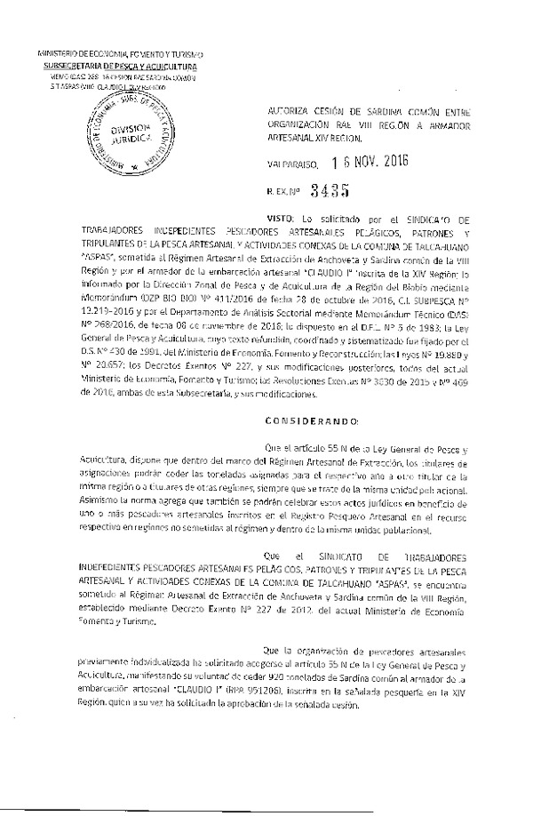 Res. Ex. N° 3435-2016 Autoriza Cesión sardina común, VIII a XIV Región.