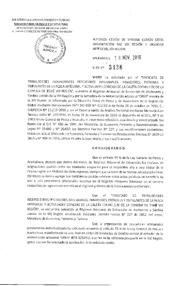 Res. Ex. N° 3436-2016 Autoriza Cesión sardina común, VIII a XIV Región.