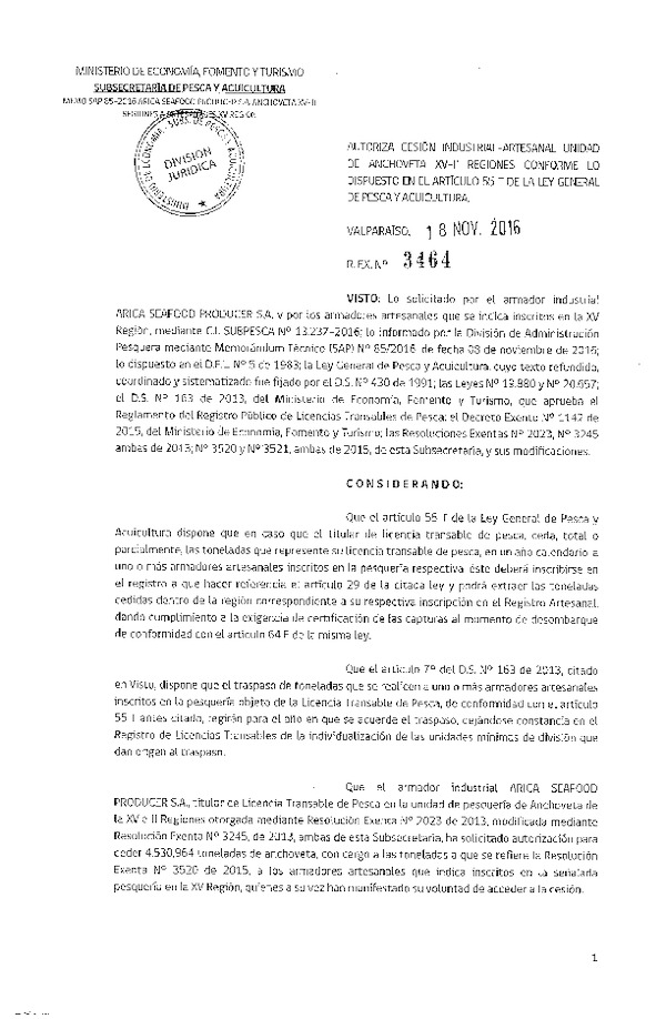 Res. Ex. N° 3464-2016 Cesión anchoveta XV-II Región.