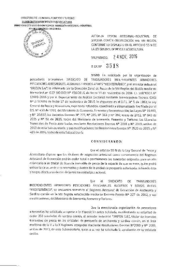 Res. Ex. N° 3518-2016 Autoriza cesión sardina común, VIII Región.