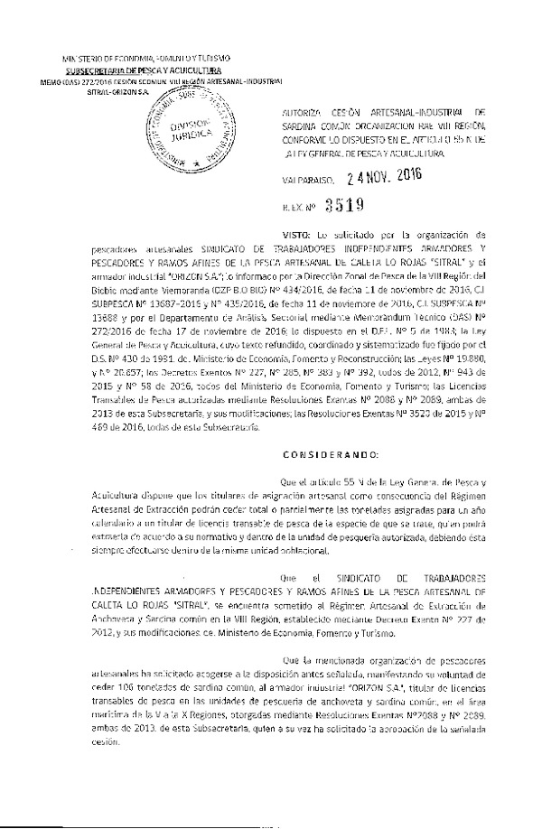 Res. Ex. N° 3519-2016 Autoriza cesión sardina común, VIII Región.