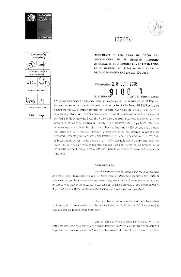 Res. Ex. N° 9100-2016 (Sernapesca) Implementa y Regulariza de Oficio inscripciones en el Registro Pesquero Artesanal. (F.D.O. 26-11-2016)