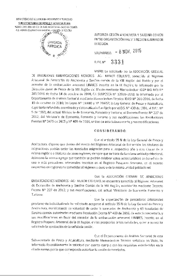 Res. Ex. N° 3331-2016 Autoriza Cesión Anchoveta y Sardina común, VIII a IX Región.