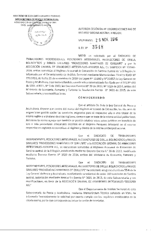 Res. Ex. N° 3548-2016 Autoriza cesión Sardina austral, X Región.