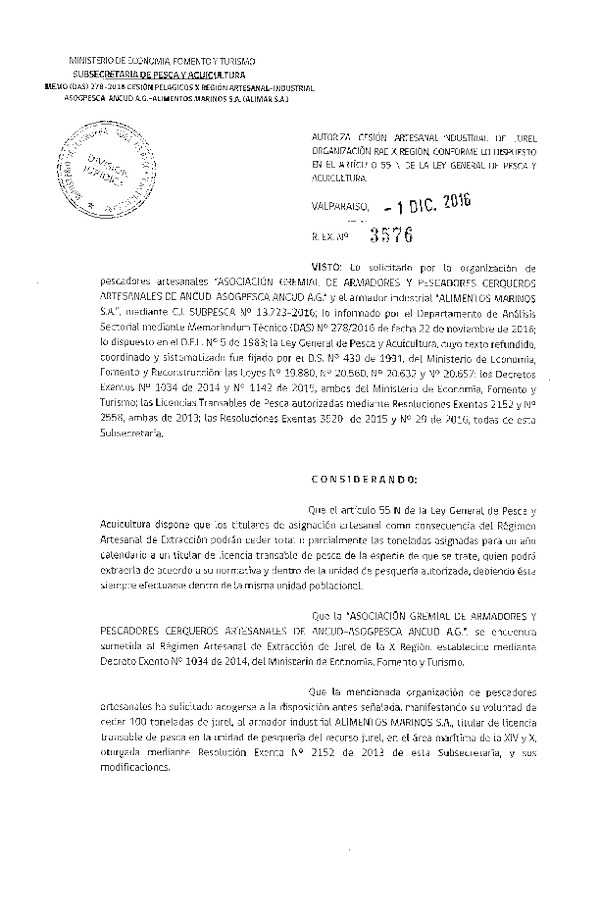 Res. Ex. N° 3576-2016 Autoriza Cesión Jurel, X Región.
