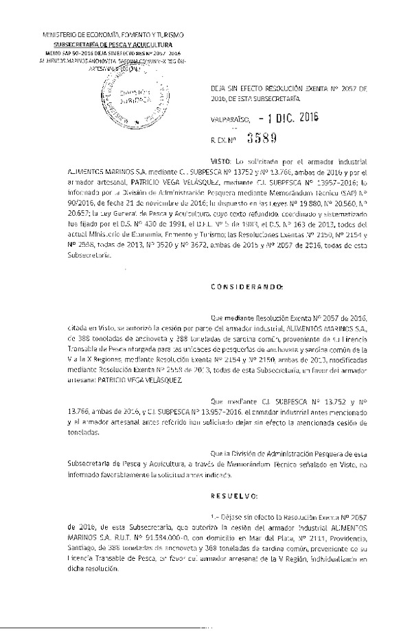 Res. Ex. N° 3589-2016 Deja sin efecto Res. Ex. N° 2057-2016 Autoriza cesión Anchoveta V Región.