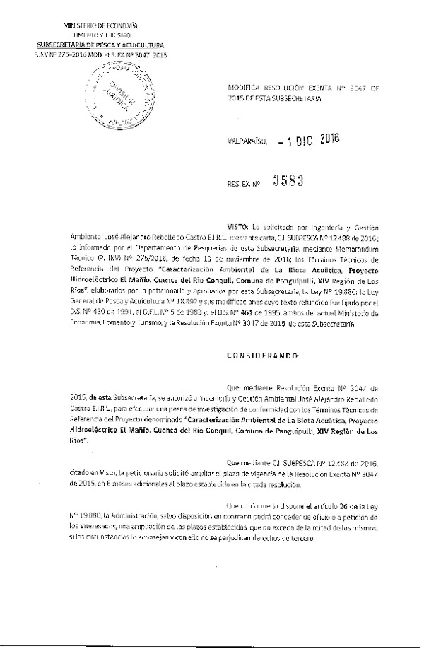 Res. Ex. N° 3583-2016 Caracterización ambiental de la biota acuática, XIV Región.