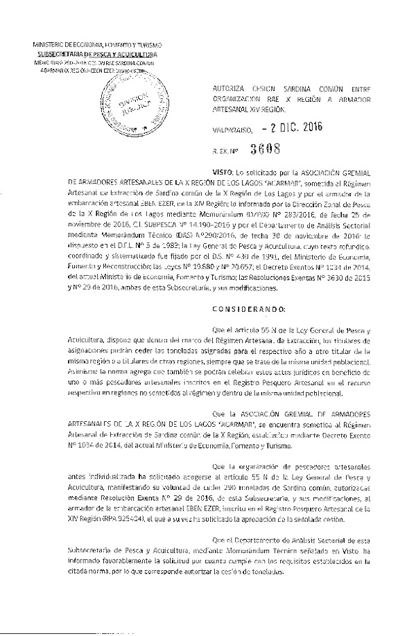 Res. Ex. N° 3608-2016 Autoriza Cesión sardina común, X a XIV Región.
