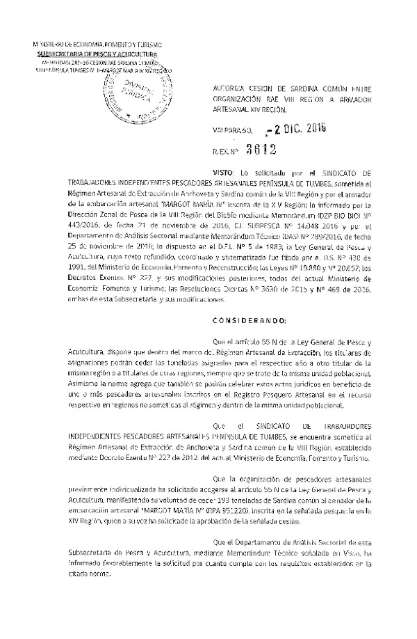 Res. Ex. N° 3612-2016 Autoriza Cesión sardina común, VIII a XIV Región.