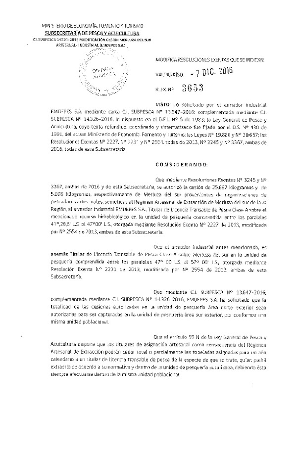 Res. Ex. N° 3653-2016 Modifca Res. Ex. N° 3245 y 3367, ambas de 2016, Autoriza Cesión sardina común, VIII a XIV Región.