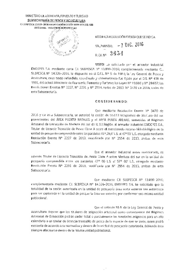 Res. Ex. N° 3654-2016 Modifica Res. Ex. N° 3470-2016 Autoriza cesión Merluza del Sur, XII Región.