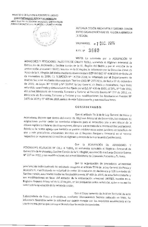 Res. Ex. N° 3669-2016 Autoriza Cesión Anchoveta y Sardina común, VIII a IX Región.