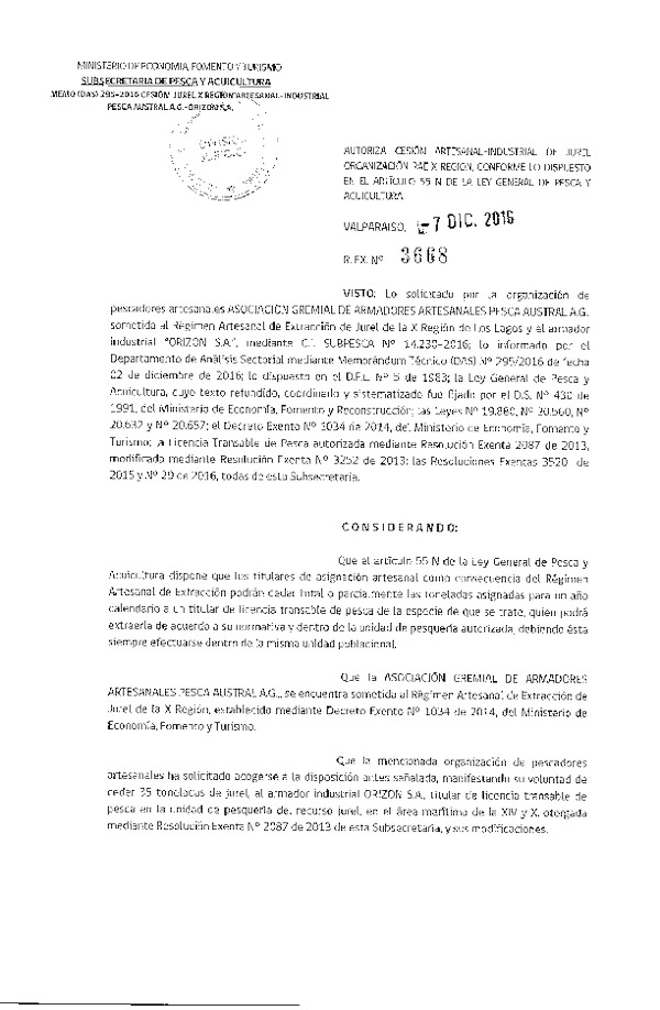 Res. Ex. N° 3668-2016 Autoriza Cesión Jurel X Región.