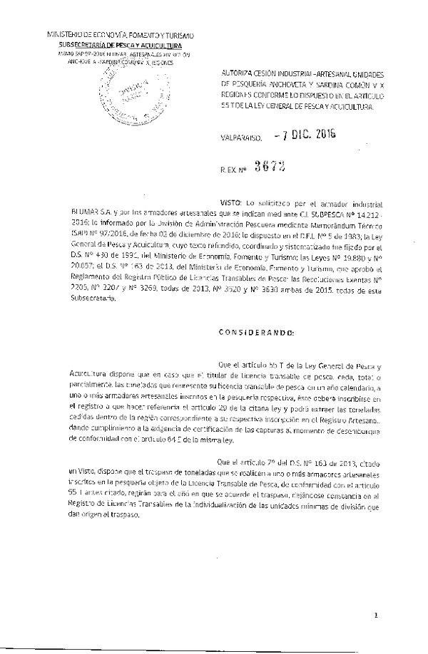 Res. Ex. N° 3672-2016 Autoriza Cesión de Anchoveta y Sardina Común XIV Región.