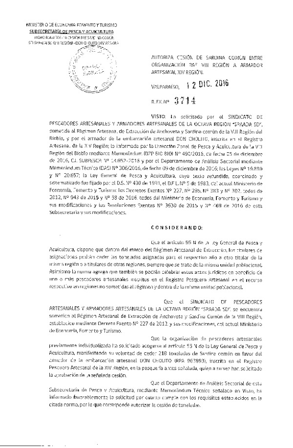 Res. Ex. N° 3714-2016 Autoriza Cesión sardina común, VIII a XIV Región.