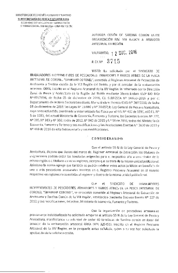 Res. Ex. N° 3715-2016 Autoriza Cesión sardina común, VIII a XIV Región.