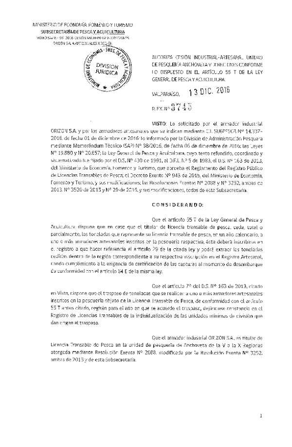 Res. Ex. N° 3745-2016 Autoriza cesión Anchoveta X Región.