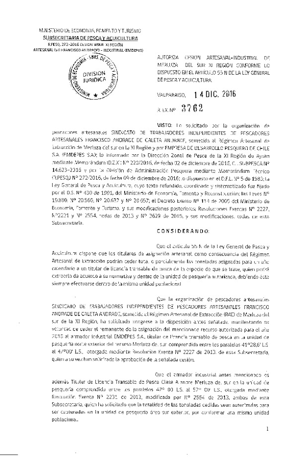 Res. Ex. N° 3762-2016 Autoriza Cesión Merluza del Sur XI Región.