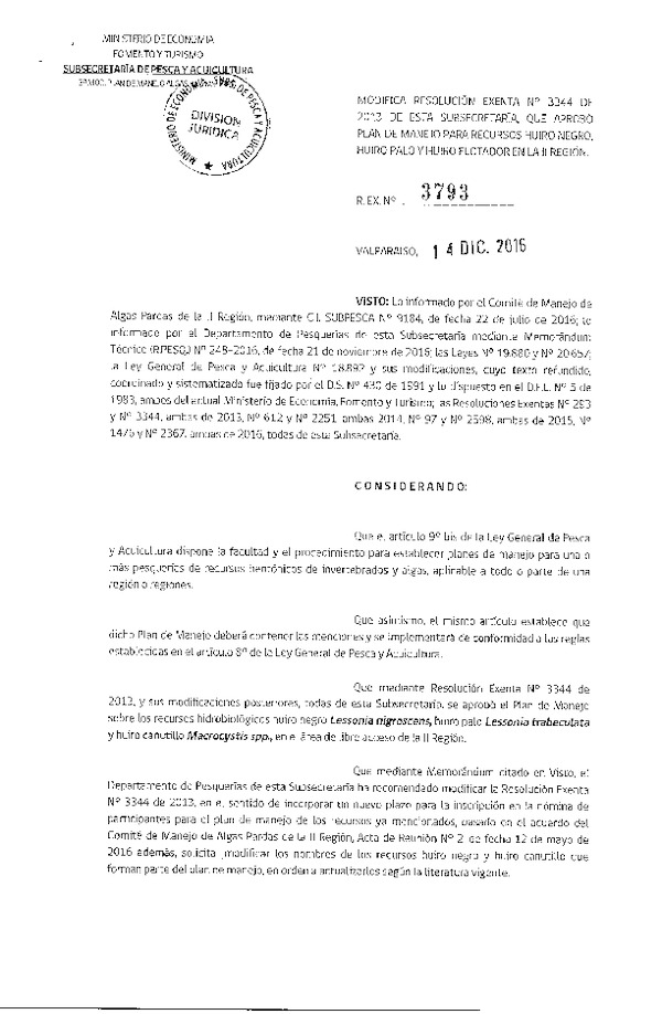 Res. Ex. N° 3793-2016 Modifica Res. Ex. Nº 3344-2013 Aprueba Plan de manejo para los recursos Huiro negro, Huiro palo y Huiro canutillo, II Región de Antofagasta. (Publicado en Página Web 15-12-2016)