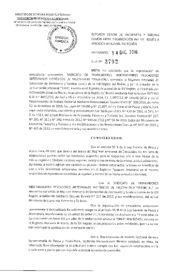 Res. Ex. N° 3792-2016 Autoriza Cesión Anchoveta y Sardina Común, VIII a XIV Región.