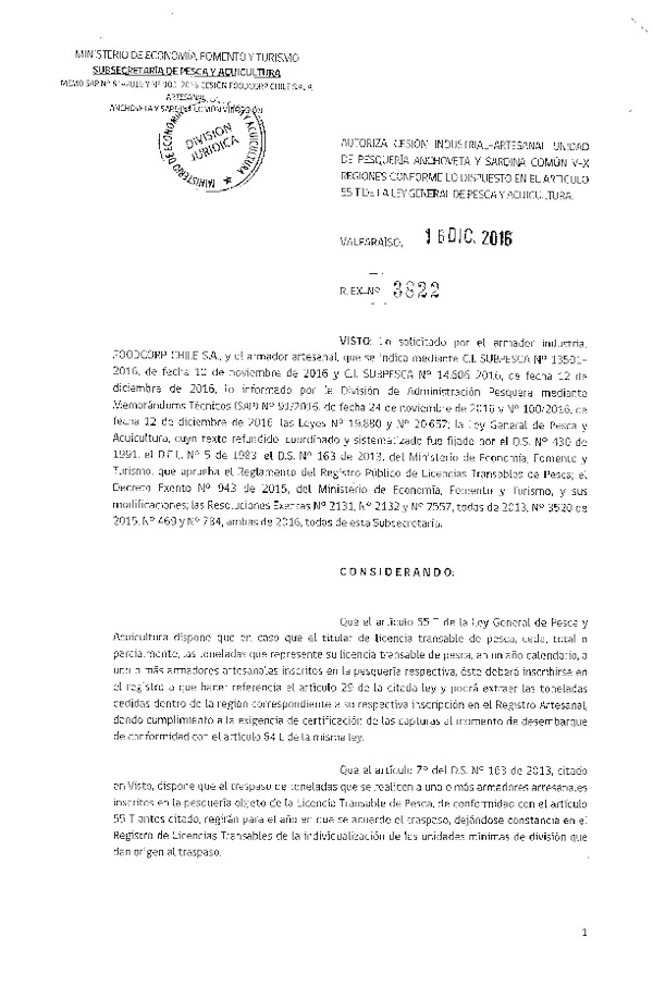Res. Ex. N° 3822-2016 Autoriza cesión Anchoveta y sardina común, VIII Región.