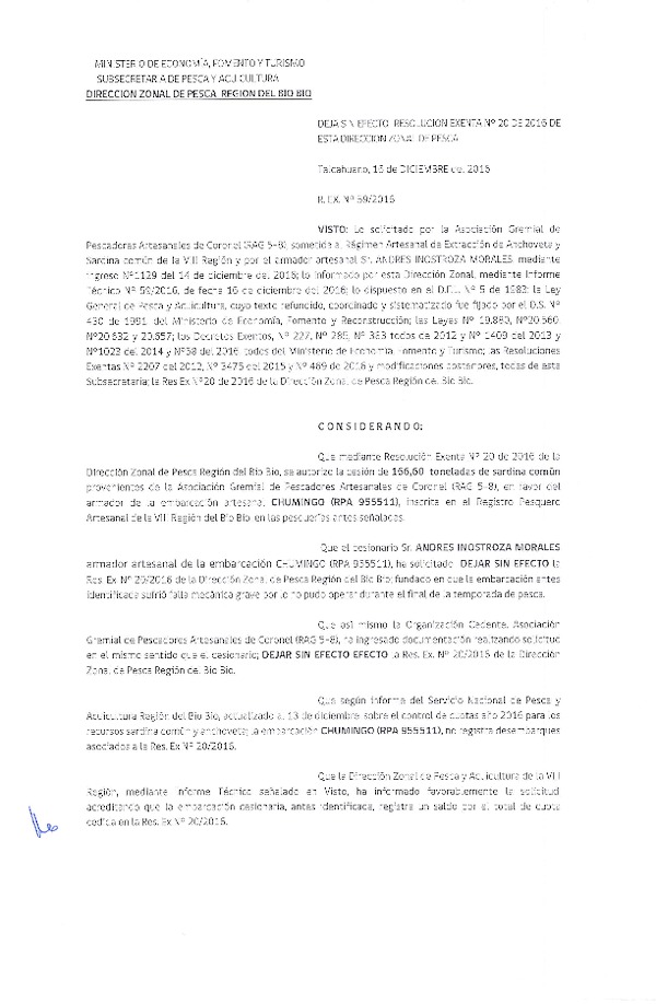 Res. Ex. N° 59-2016 Deja sin efecto Res. Ex. N° 20-2016 (DZP VIII) Autoriza Cesion Anchoveta y sardina común, VIII Región.