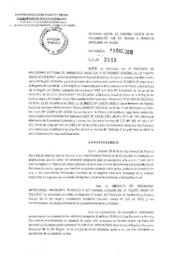 Res. Ex. N° 3848-2016 Autoriza Cesión Sardina Común, VIII a XIV Región