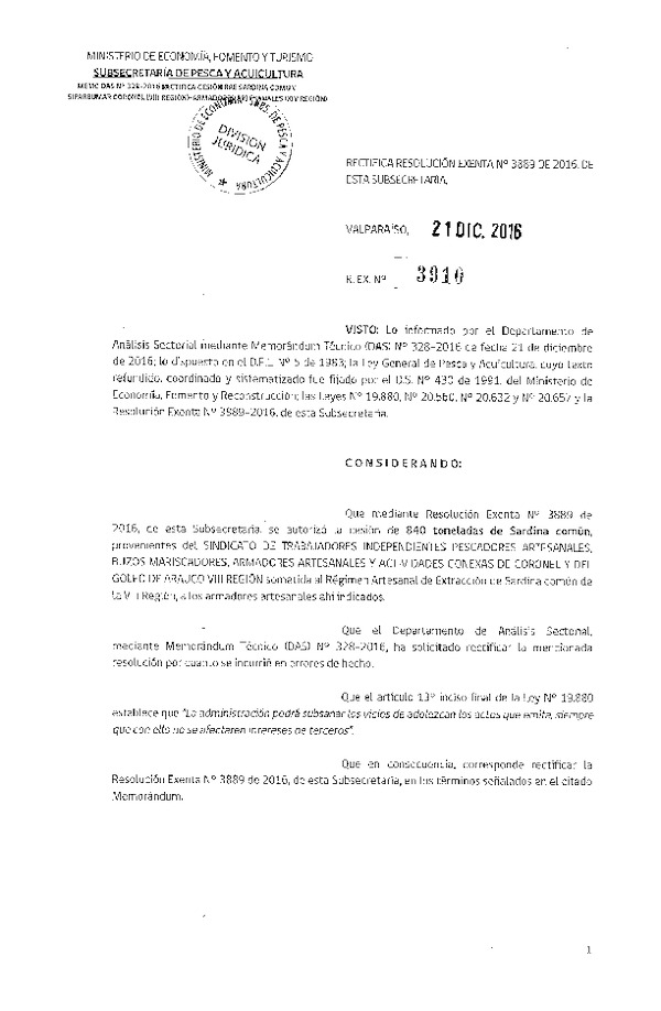 Res. Ex. N° 3910-2016 Rectifica Res. Ex. N° 3889-2016 Autoriza Cesión Sardina Común, VIII a XIV Región.