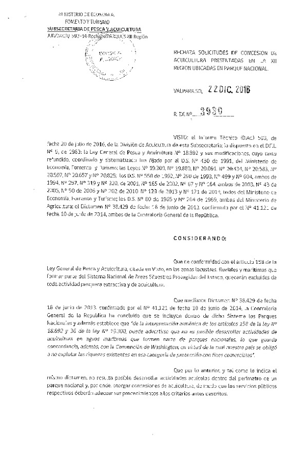 Res. Ex. N° 3930-2016 Rechaza solicitudes de concesión de acuicultura presentadas en la XII Región.