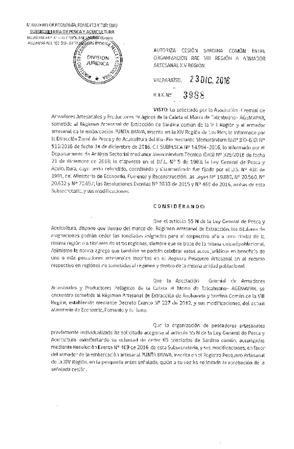 Res. Ex. N° 3988-2016 Autoriza Cesión Sardina Común, VIII a XIV Región.