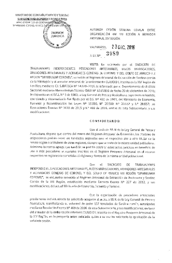 Res. Ex. N° 3989-2016 Autoriza Cesión Sardina Común, VIII a XIV Región.