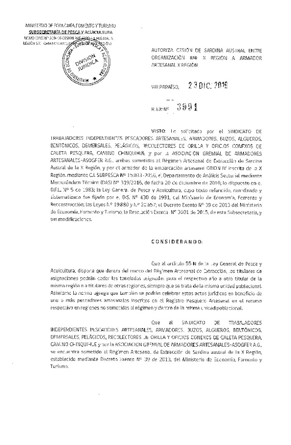 Res. Ex. N° 3991-2016 Autoriza Cesión Sardina austral, X a X Región.