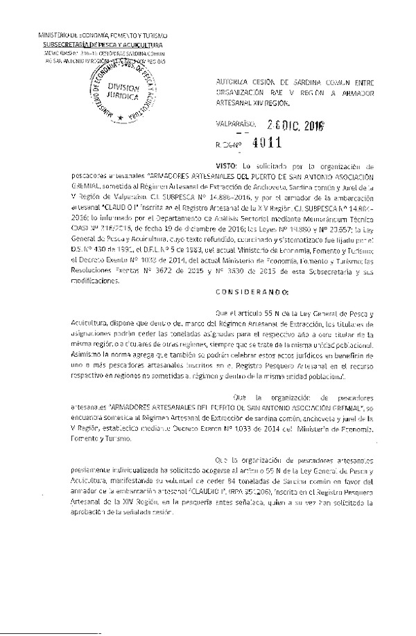 Res. Ex. N° 4011-2016 Autoriza Cesión Sardina Común, V a XIV Región.