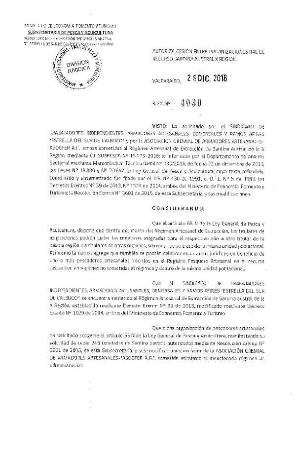 Res. Ex. N° 4030-2016 Autoriza Cesión Sardina austral, X Región.