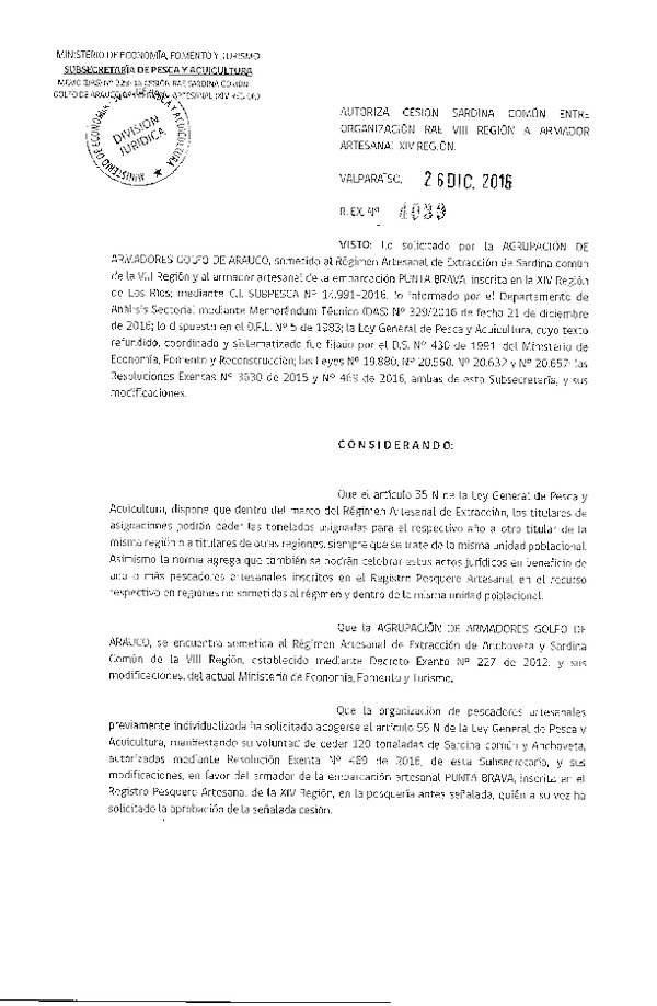 Res. Ex. N° 4039-2016 Autoriza Cesión Sardina Común, VIII a XIV Región.