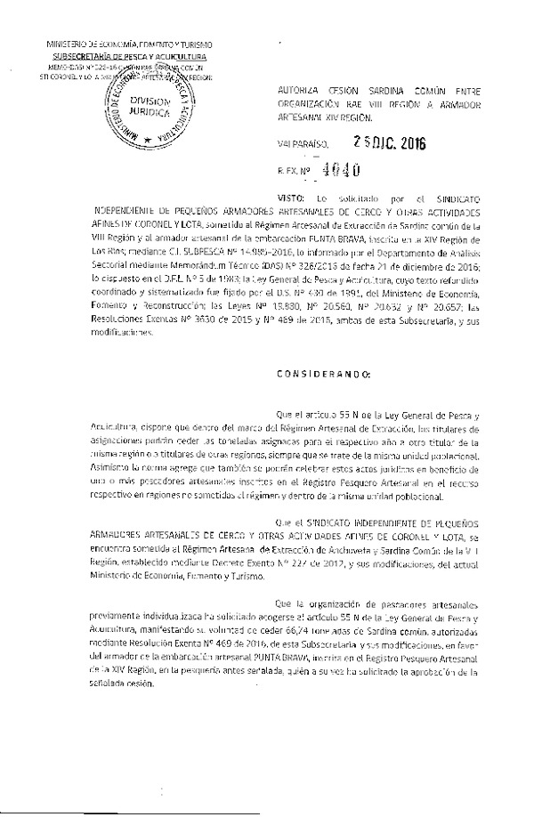 Res. Ex. N° 4040-2016 Autoriza Cesión Sardina Común, VIII a XIV Región.