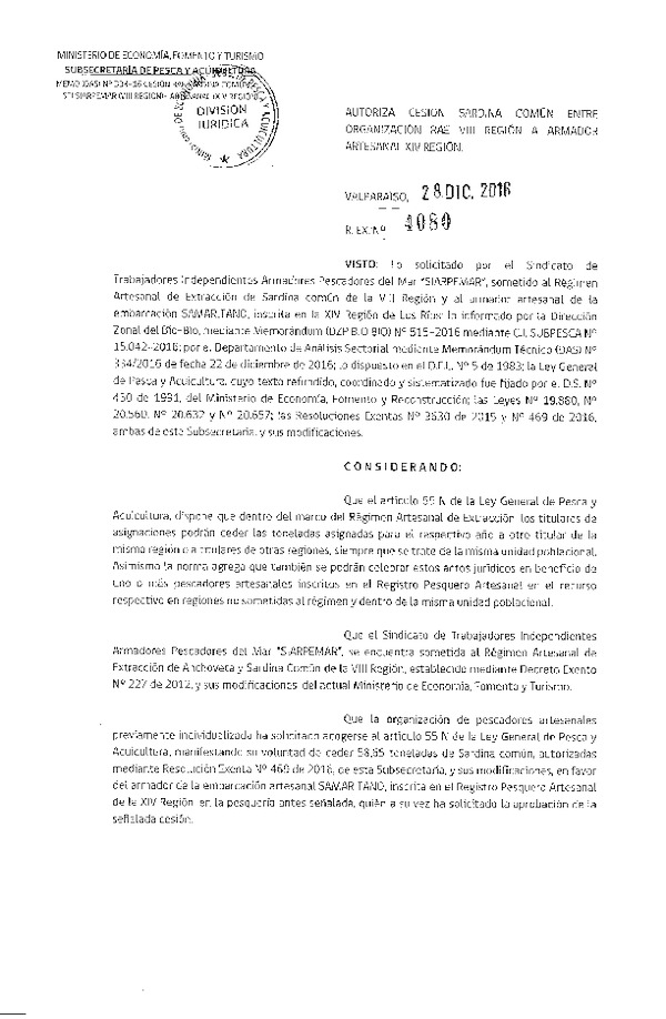 Res. Ex. N° 4080-2016 Autoriza Cesión Sardina Común, VIII a XIV Región.
