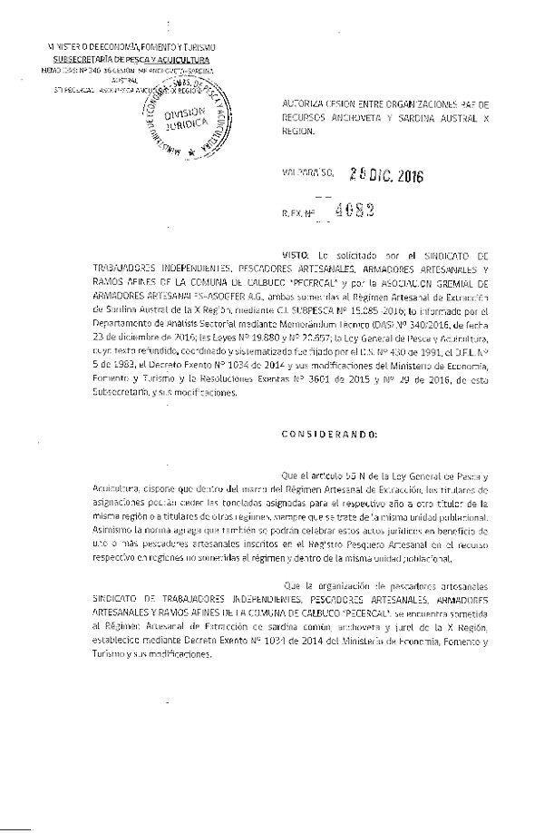 Res. Ex. N° 4082-2016 Autoriza Cesión Anchoveta y Sardina austral, X Región.