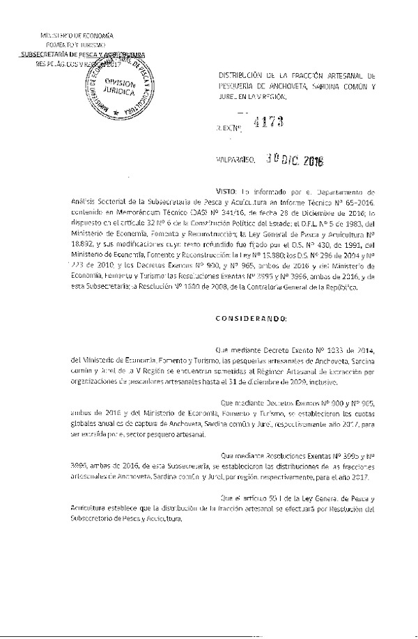 Res. Ex. N° 4173-2016 Distribución de la Fracción Artesanal Pesquería de Anchoveta, Sardina Común y jurel, V Región, Año 2017.
