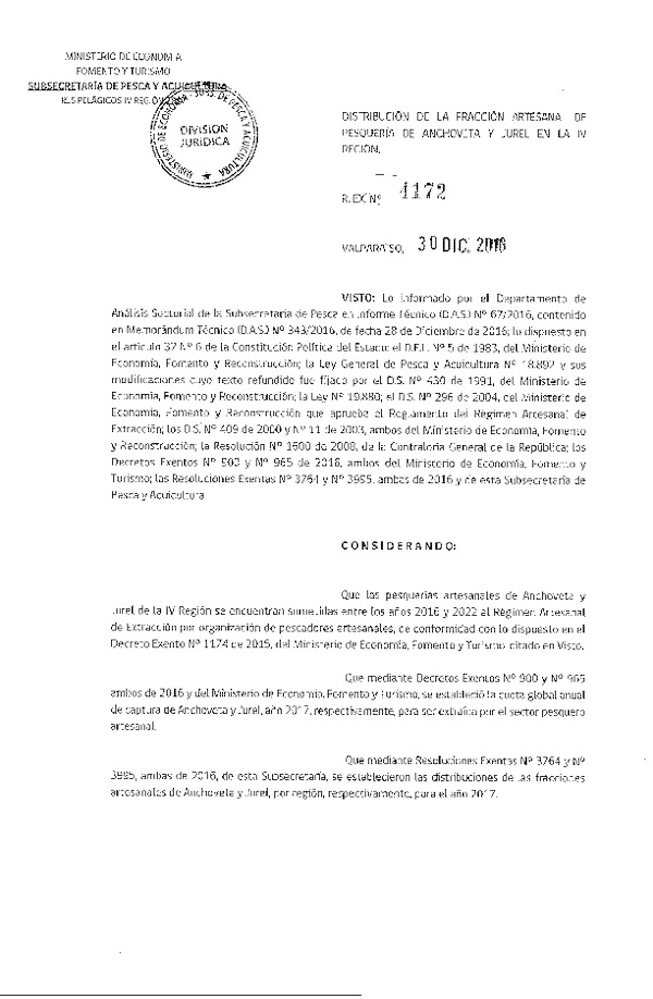 Res. Ex. N° 4172-2016 Distribución de la Fracción Artesanal de Pesquería de Anchoveta y Jurel en la IV Región, Año 2017.