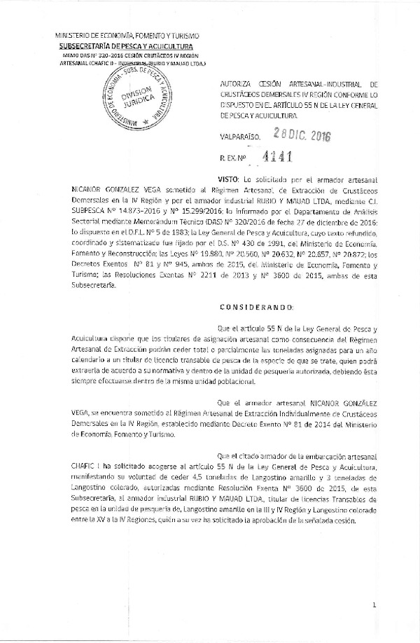Res. Ex. N° 4141-2016 Autoriza Cesión Crustáceos Demersales IV Región.