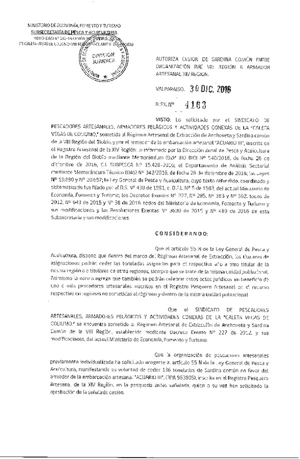 Res. Ex. N° 4163-2016 Autoriza Cesión Sardina Común, VIII a XIV Región.
