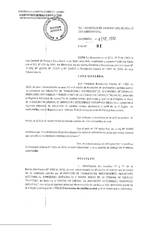 Res. Ex. N° 1-2017 Rectifica Res. Ex. N° 4082-2016 Autoriza Cesión Anchoveta y Sardina austral, X Región.