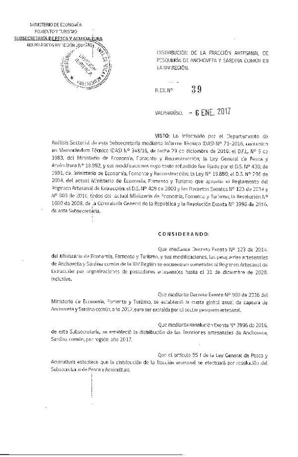 Res. Ex. N° 39-2017 Distribución de la Fracción Artesanal de Pesquería de Anchoveta y Sardina Común, XIV Región, año 2017. (Publicado en Página Web 09-01-2017)