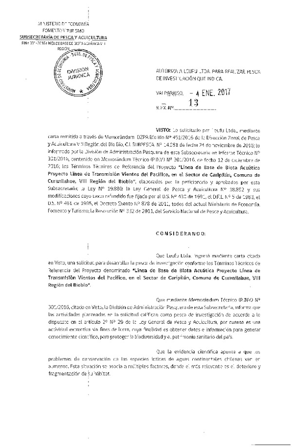 Res. Ex. N° 13-2017 Línea de base de biota acuática, comuna de Curanilahue, VIII Región.
