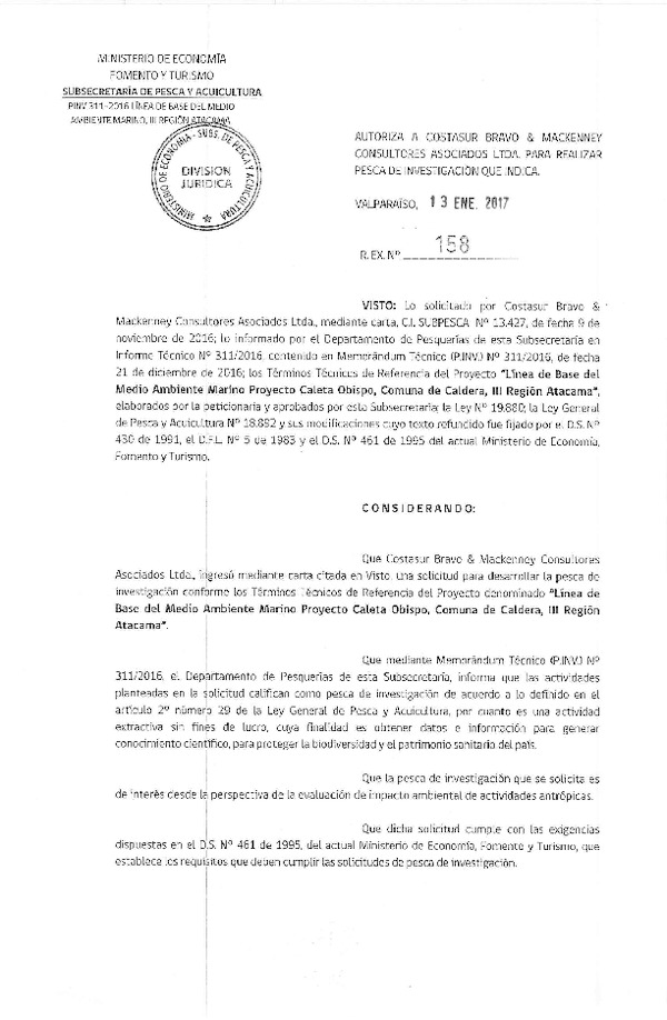 Res. Ex. N° 158-2017 Línea de base del medio ambiente marino, comuna de Caldera, III Región.