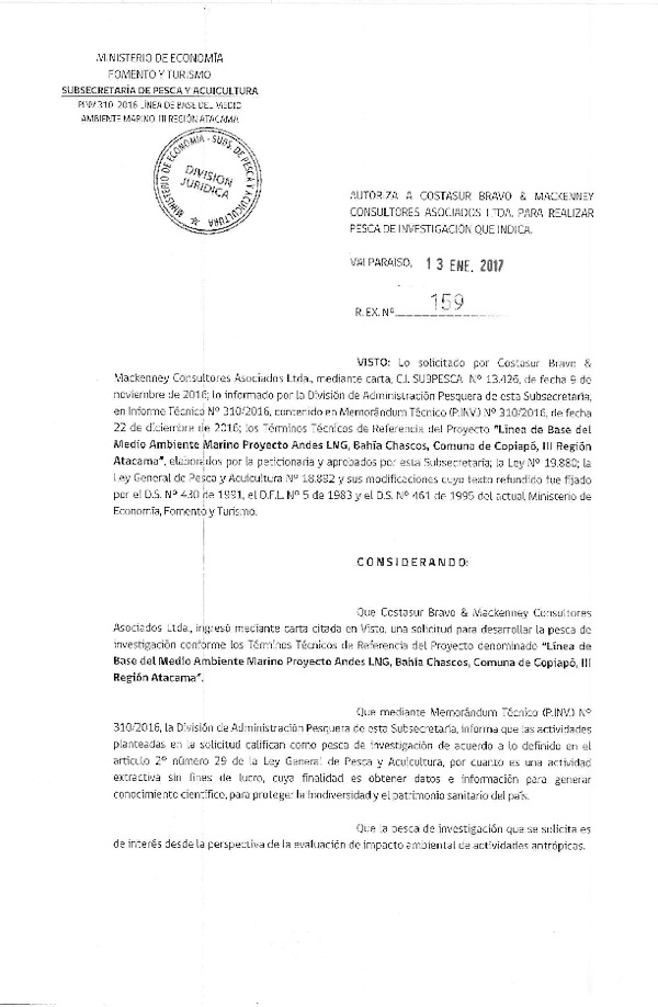 Res. Ex. N° 159-2017 Línea de base del medio ambiente marino, comuna de Copiapó, III Región.
