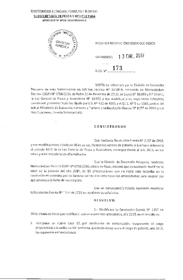 Res. Ex. N° 173-2017 Modifica Res. Ex. N° 1157-2016 Cobros de Patentes Artesanales Año 2015.