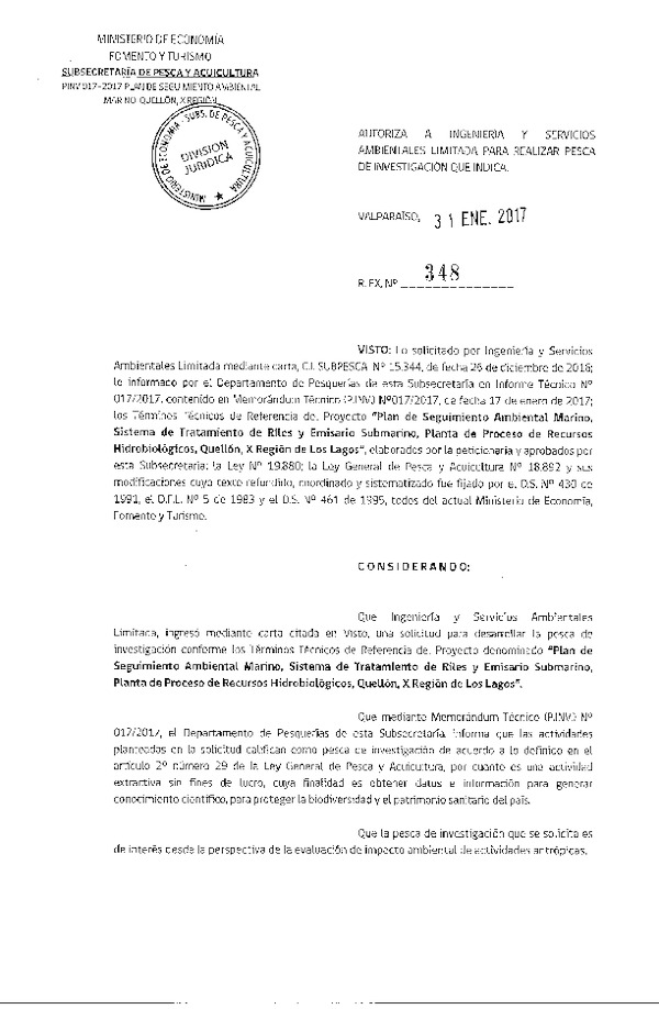Res. Ex. Nº 348-2017 Plan de seguimiento ambiental, Quellón, X Región.